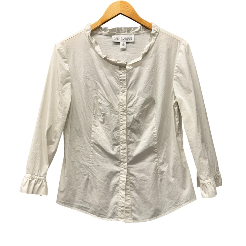 Sara Campbell Blouse Womens 10 Ruffle Collar White Blouse Made in‎ USA Button Up